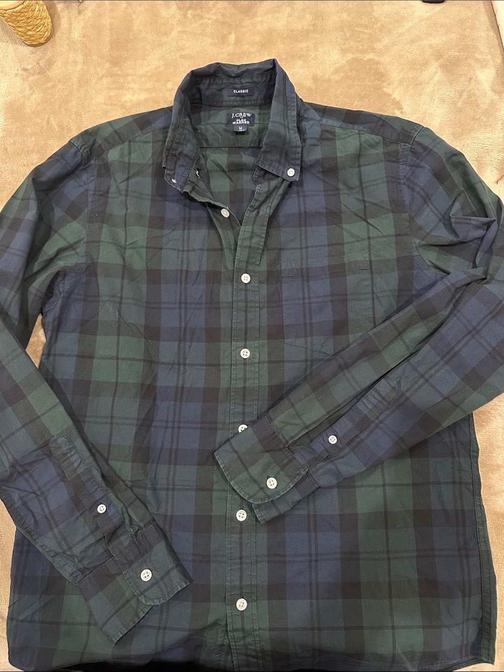 J. Crew Men's Dark Green and Navy Plaid Button-Down Shirt Size M